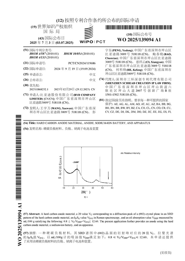 比亚迪公布国际专利申请：“硬碳负极材料、负极、钠离子电池及装置”(图1)