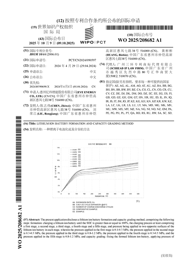 亿纬锂能公布国际专利申请：“一种锂离子电池化成及分容的方法”(图1)